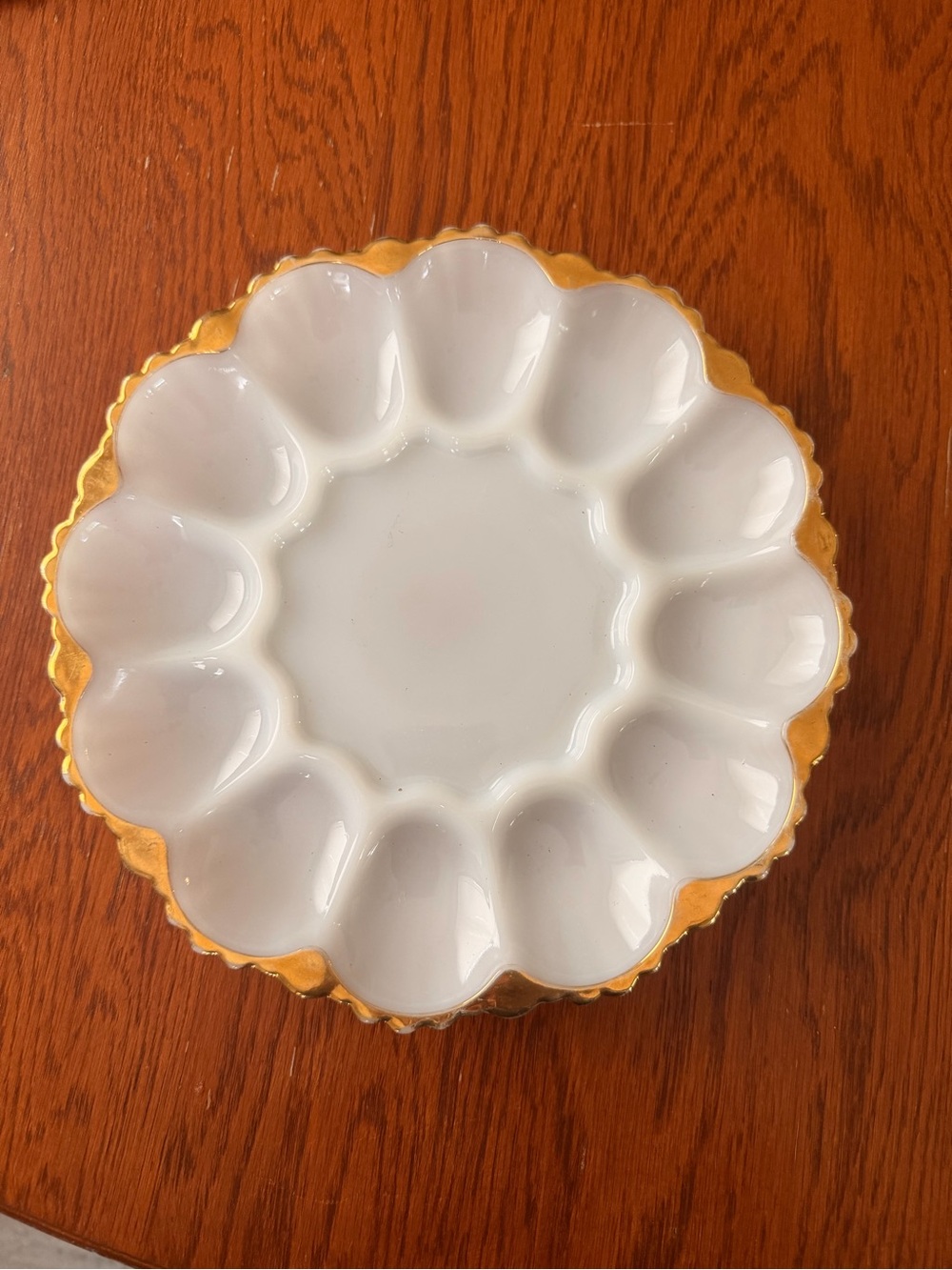 Vintage White Milk Glass, Gold Trim, Anchor Hocking Deviled Egg platter